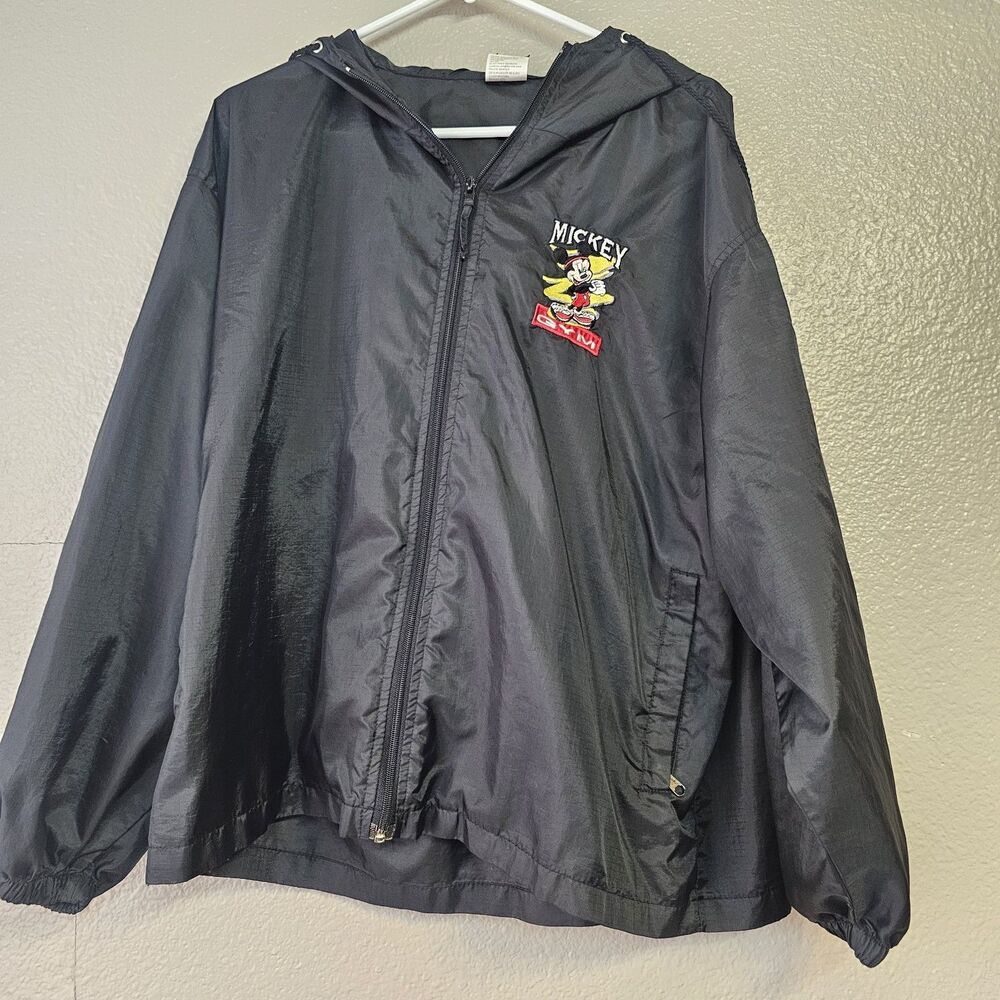 Vintage Mickey Mouse Gym Windbreaker Jacket Black Hooded Full Zip Sz Large E392